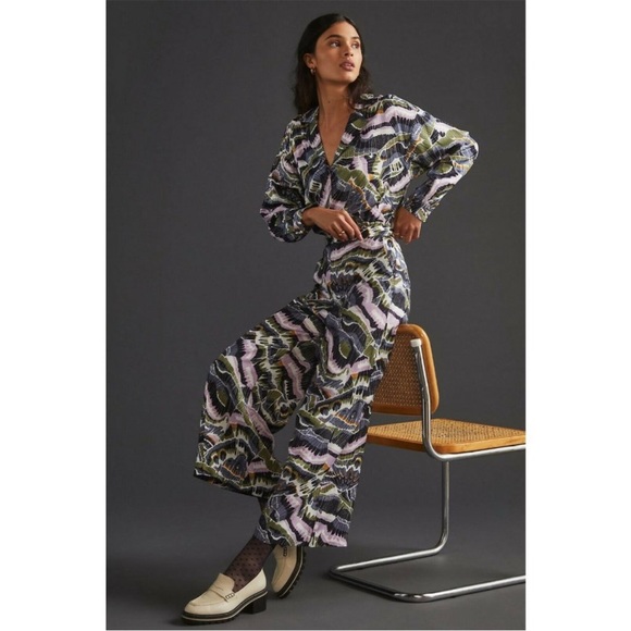By Anthropologie Abstract Pant Set Body Suit Cropped Wide Leg Viscose Satin 0 - Picture 1 of 14